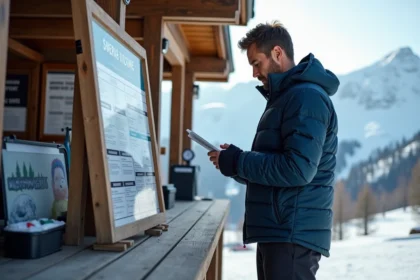 Skieur examinant le tarif du forfait journée aux Arcs au guichet de la station