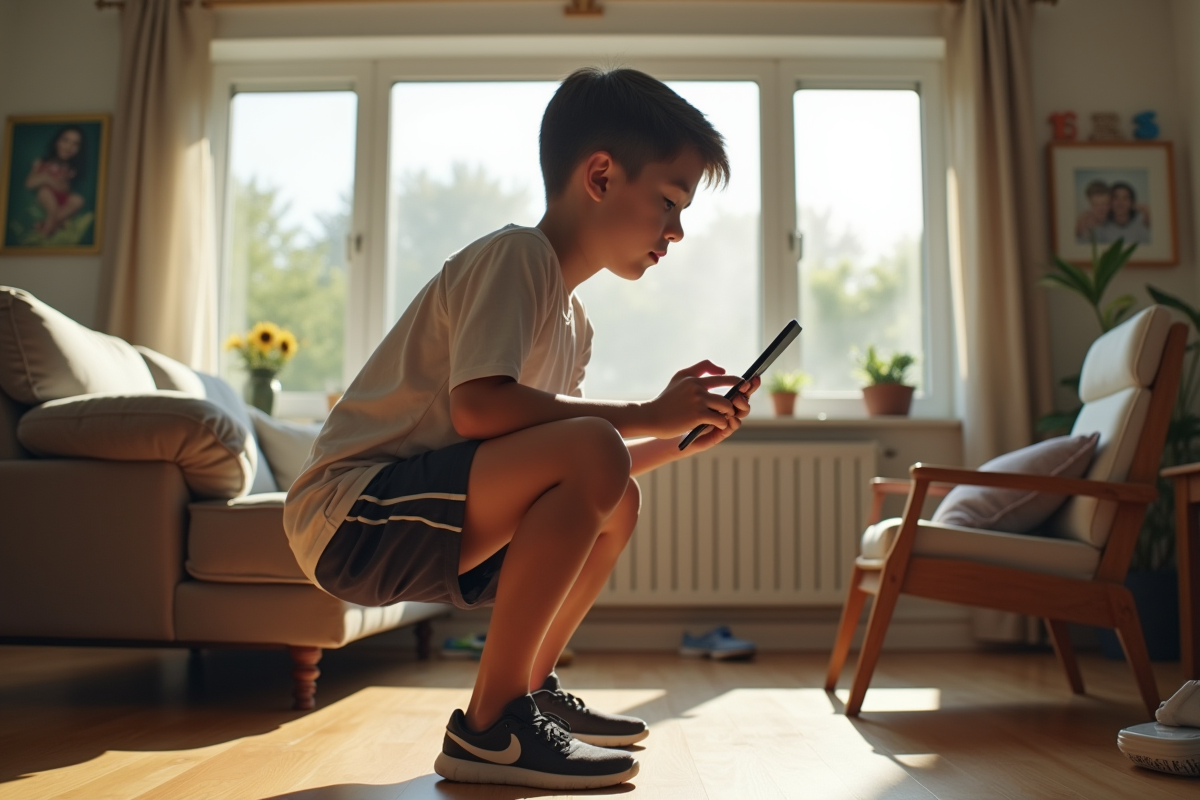Garçon faisant des squats dans un salon lumineux