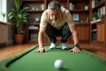 Golfeur adulte accroupi sur un putting green d'intérieur pour lire la pente, dans un bureau aménagé avec parquet et bibliothèque en arrière-plan