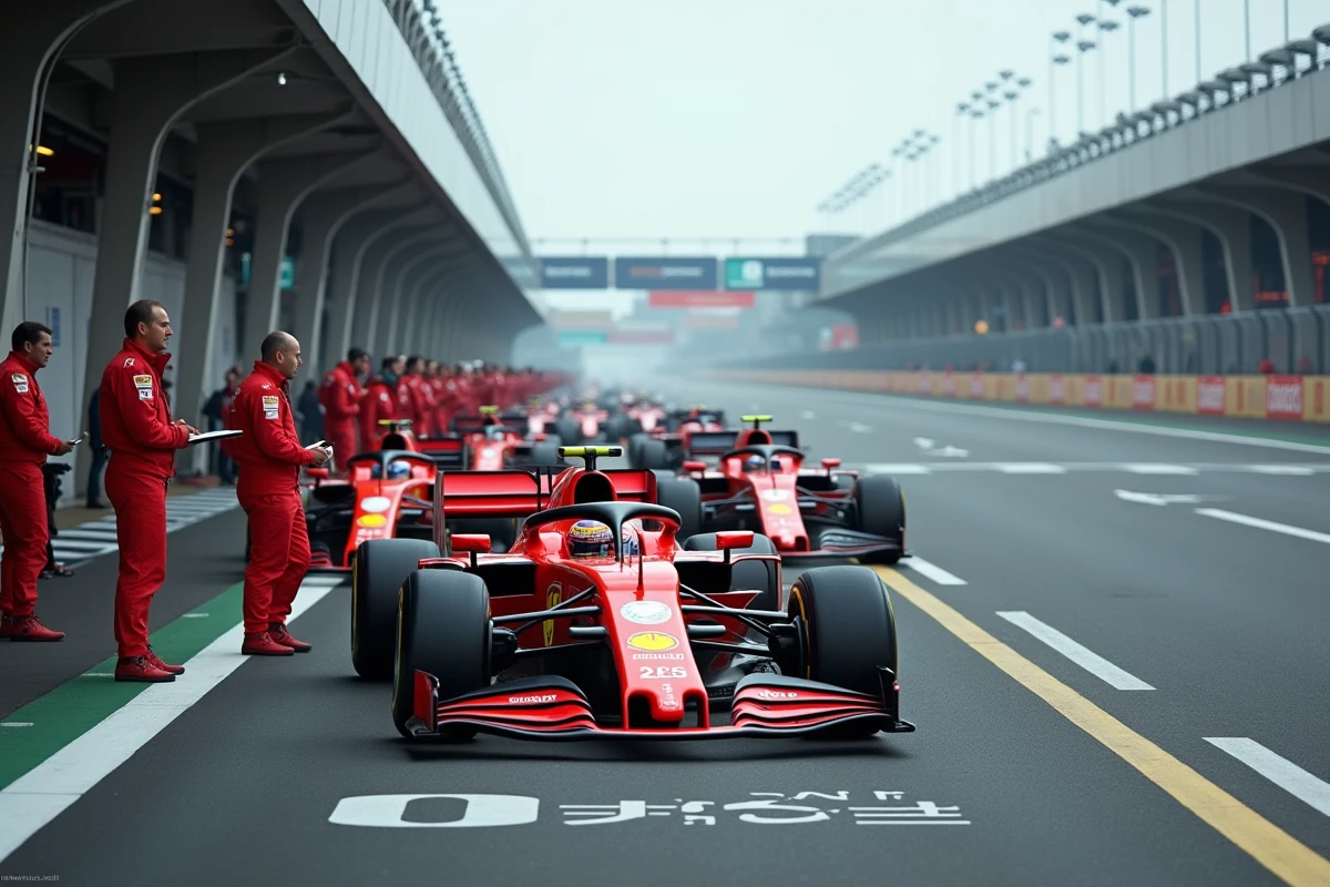 Vue panoramique de la grille de départ d'un Grand Prix de Formule 1 avec les monoplaces alignées sur le circuit