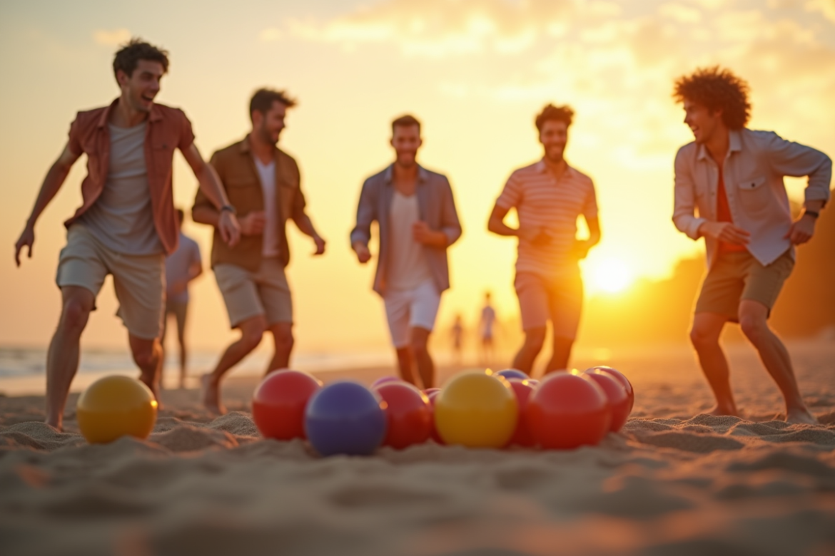 Groupe d'amis jouant à la boggia sur la plage au coucher du soleil
