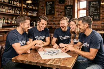 Groupe de jeunes adultes riant autour d'une table de bar en dessinant un logo de nom d'équipe sur papier