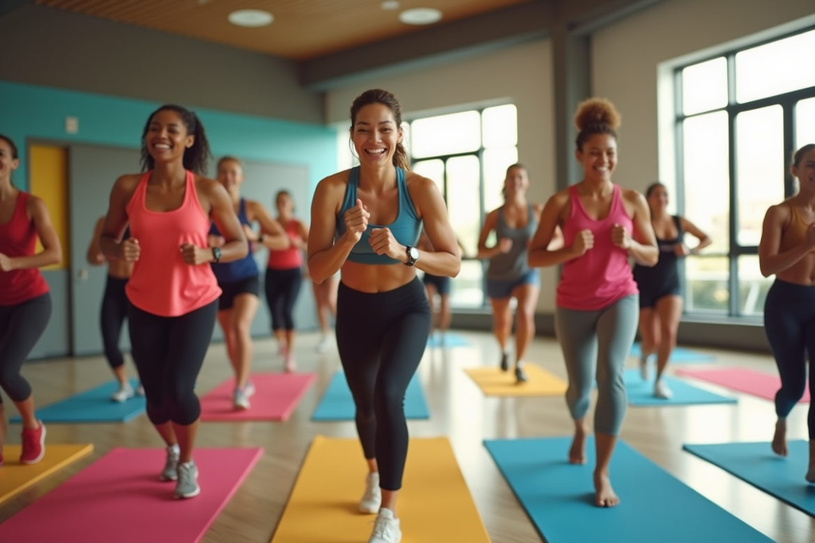 Groupe d'amis riant lors d'une séance de fitness dynamique
