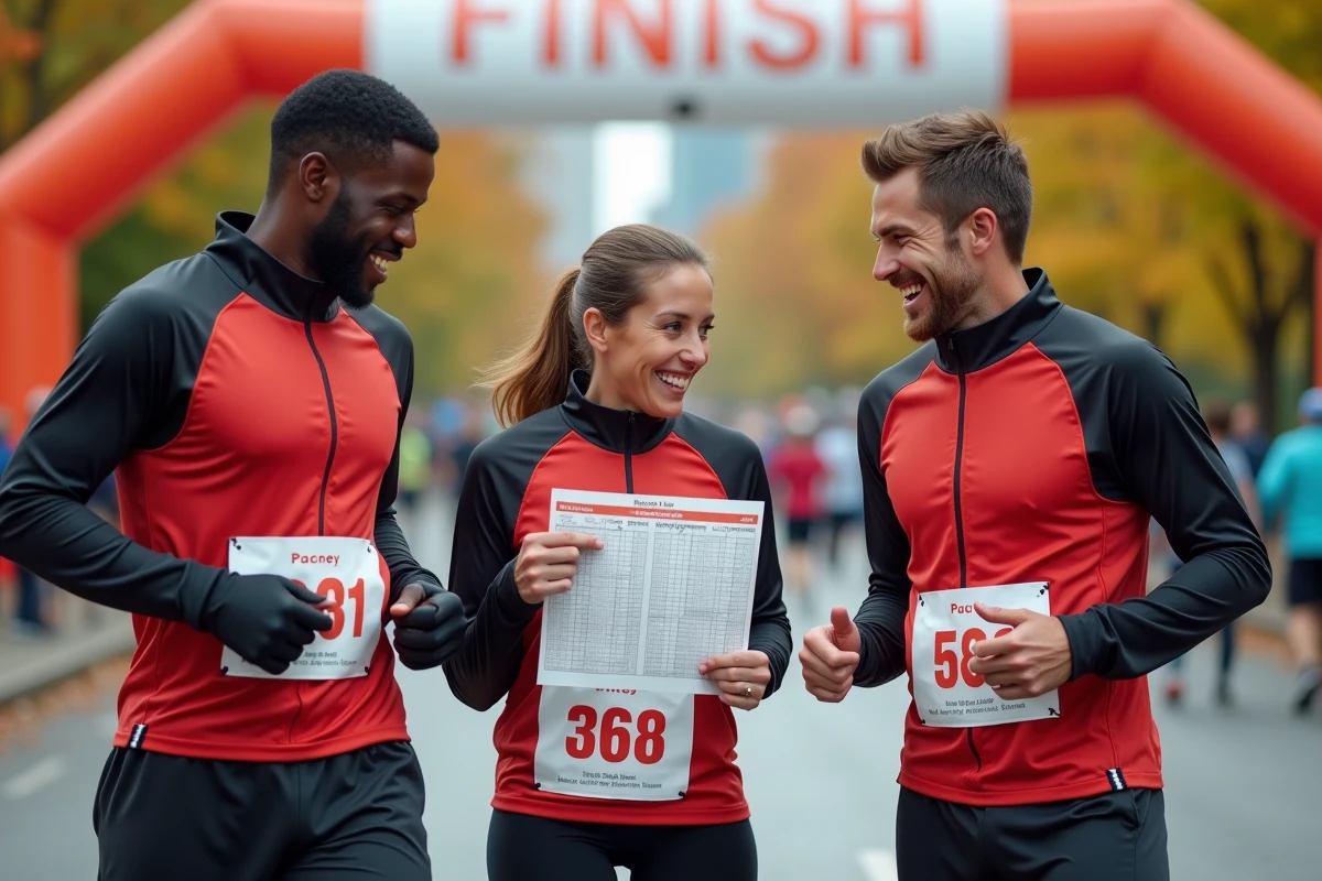 Groupe de coureurs discutant d'un tableau d'allure avant le départ d'une course de 10 km en parc