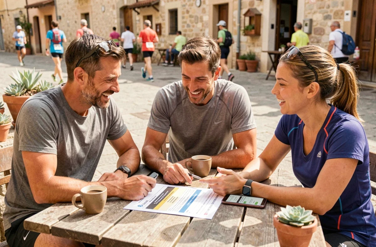 Groupe de coureurs de trail discutant des résultats du tirage au sort de la Diagonale des Fous 2026 autour d'une table de café, consultant un document de qualification et un smartphone