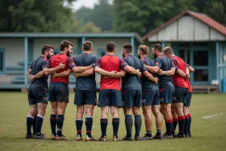 Groupe de joueurs de rugby amateurs en huddle avant match