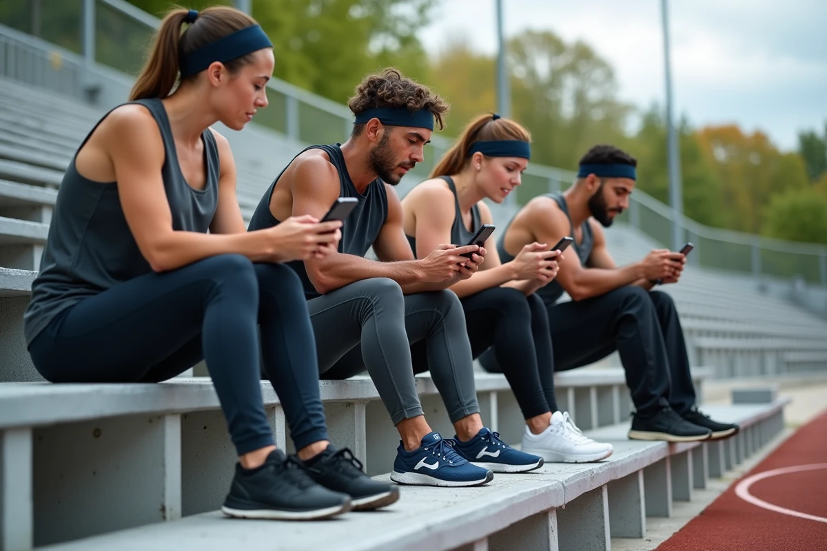 Groupe de sportifs discutant avec application fitness en extérieur