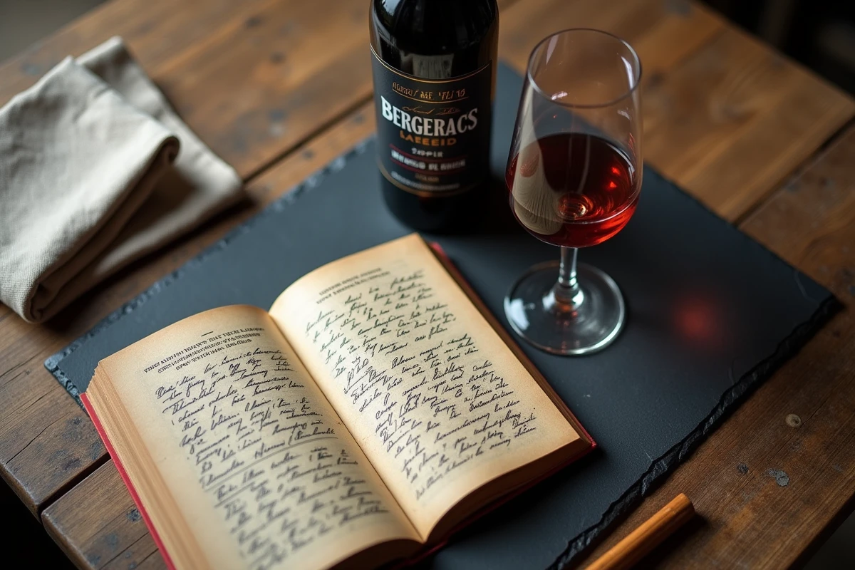Mise à plat d'une bouteille de Bergerac avec guide des classements et notes de dégustation manuscrites