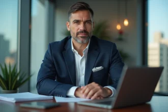 Homme d'affaires en costume navy dans un bureau moderne