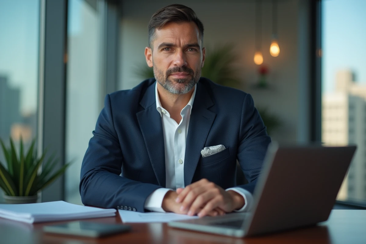Homme d'affaires en costume navy dans un bureau moderne