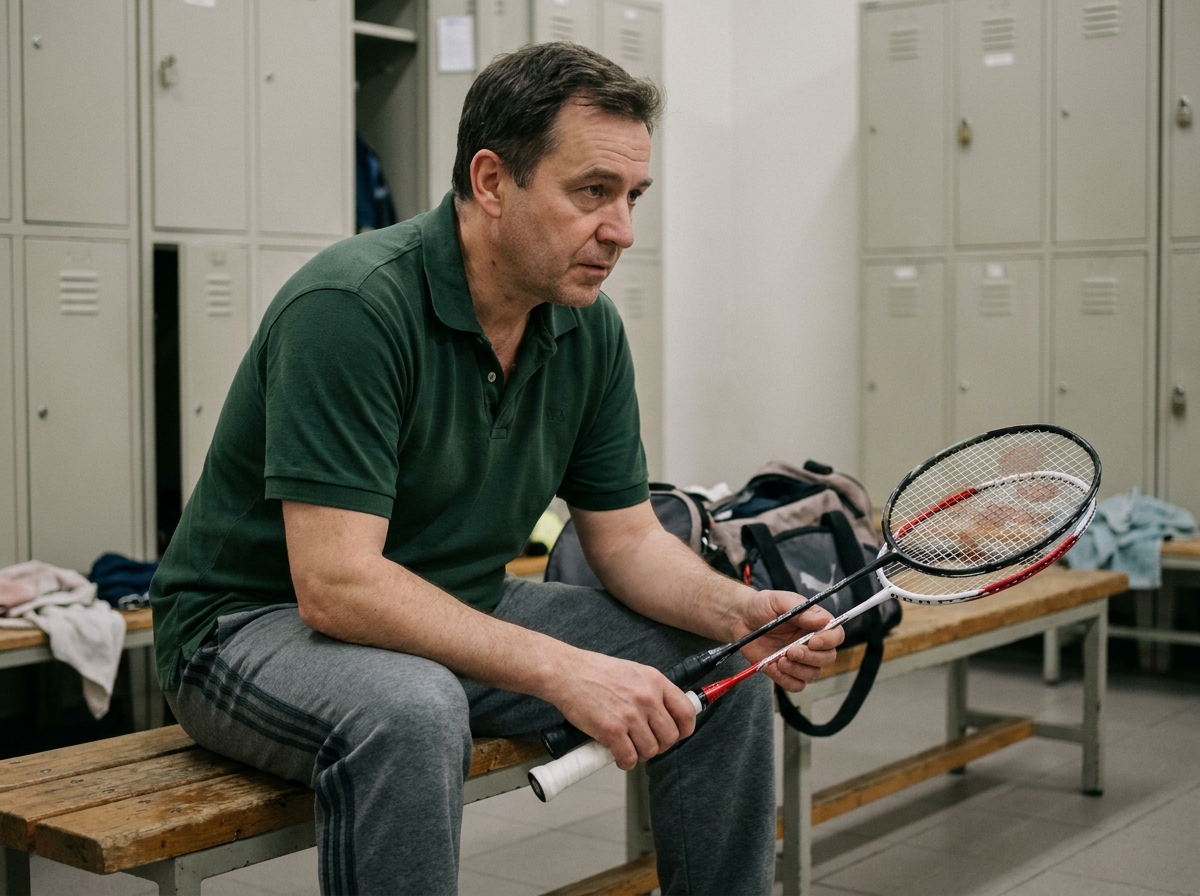 Homme d age moyen comparant deux raquettes de badminton