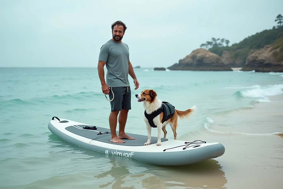 Homme debout sur un paddleboard en mer avec son border collie portant un gilet de sauvetage