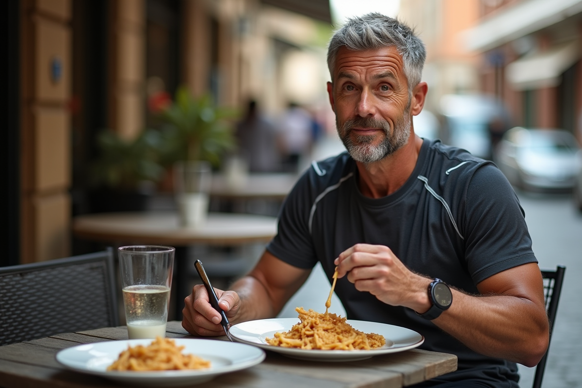 Homme d age mangeant des pates en terrasse de cafe en ville