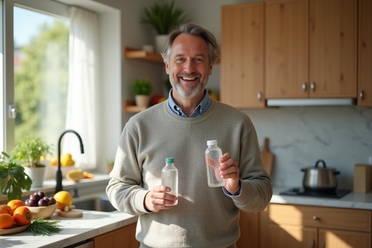 Homme en vêtements décontractés avec fruits dans la cuisine