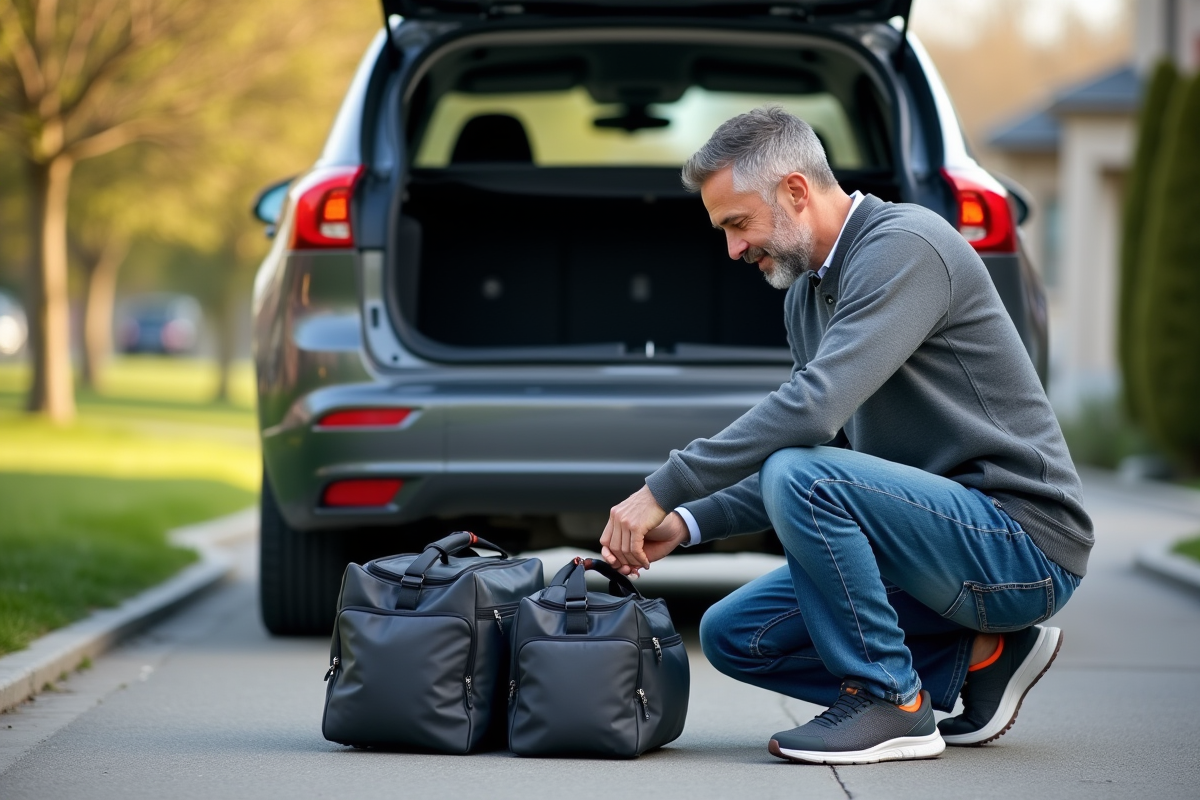Homme comparant deux sacs de sport dans une allée de maison
