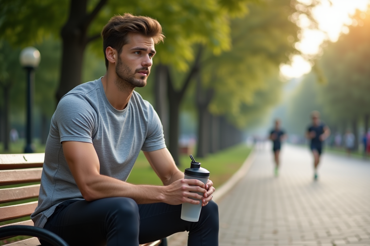 Homme athlétique assis sur un banc de parc après course