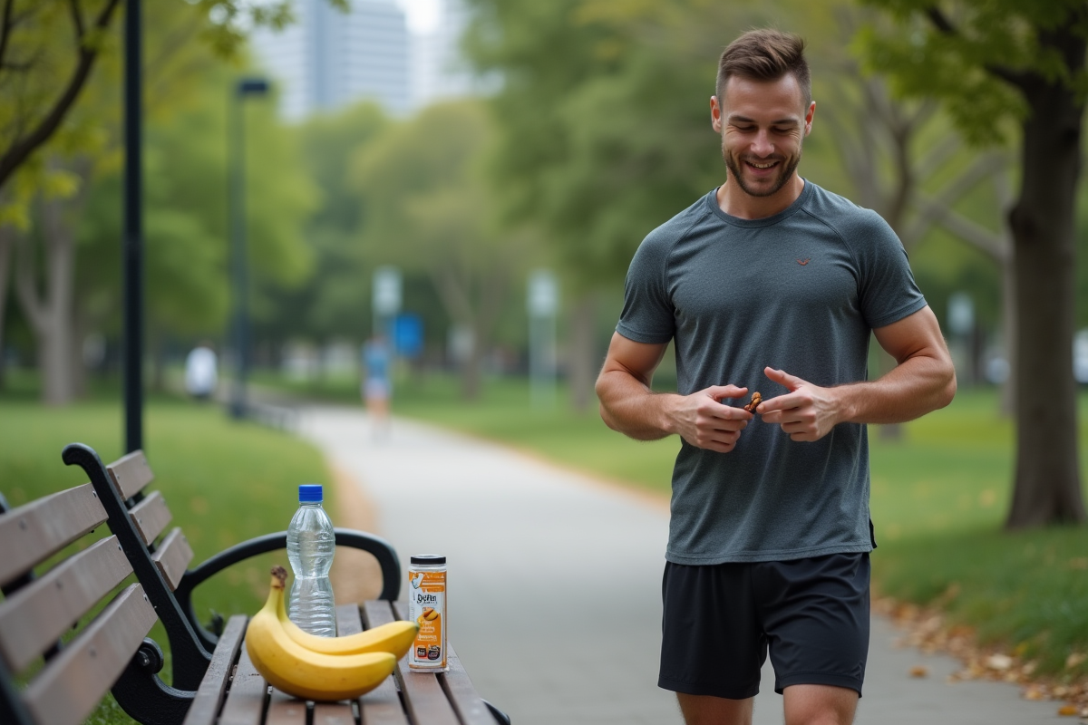 Homme athlétique tendant une gelée énergétique sur un sentier urbain