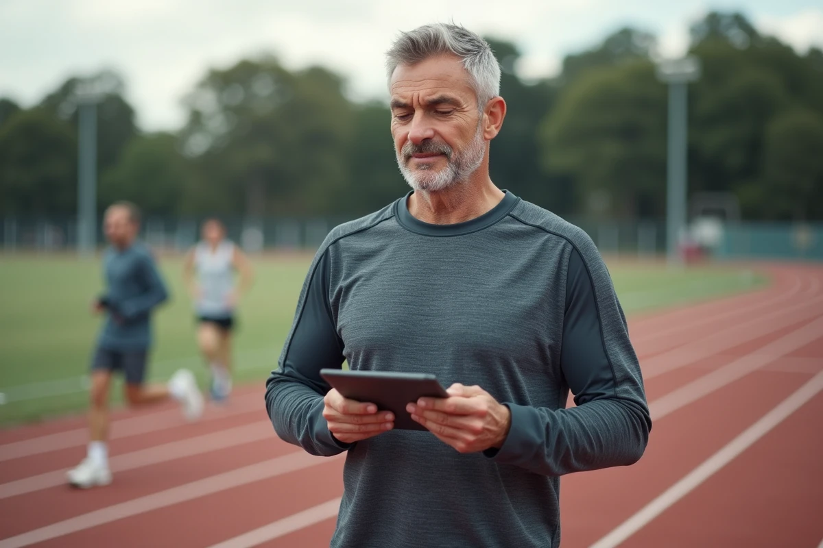 Homme en tenue de course tenant une tablette avec plan d