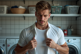 Jeune homme sportif examine son t-shirt de sport en salle