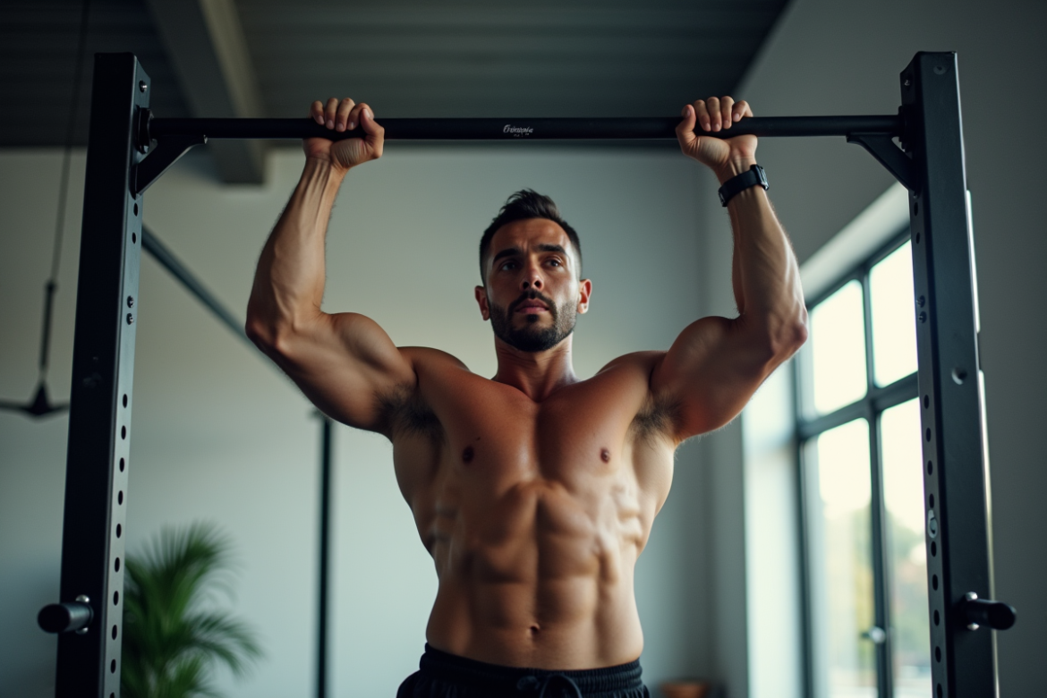 Homme en pleine traction à la barre de gym avec lumière naturelle