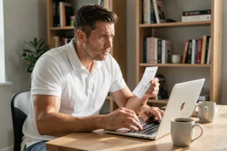 Homme frustré devant un ordinateur portable essayant d'utiliser un code promo Tennis qui ne fonctionne plus