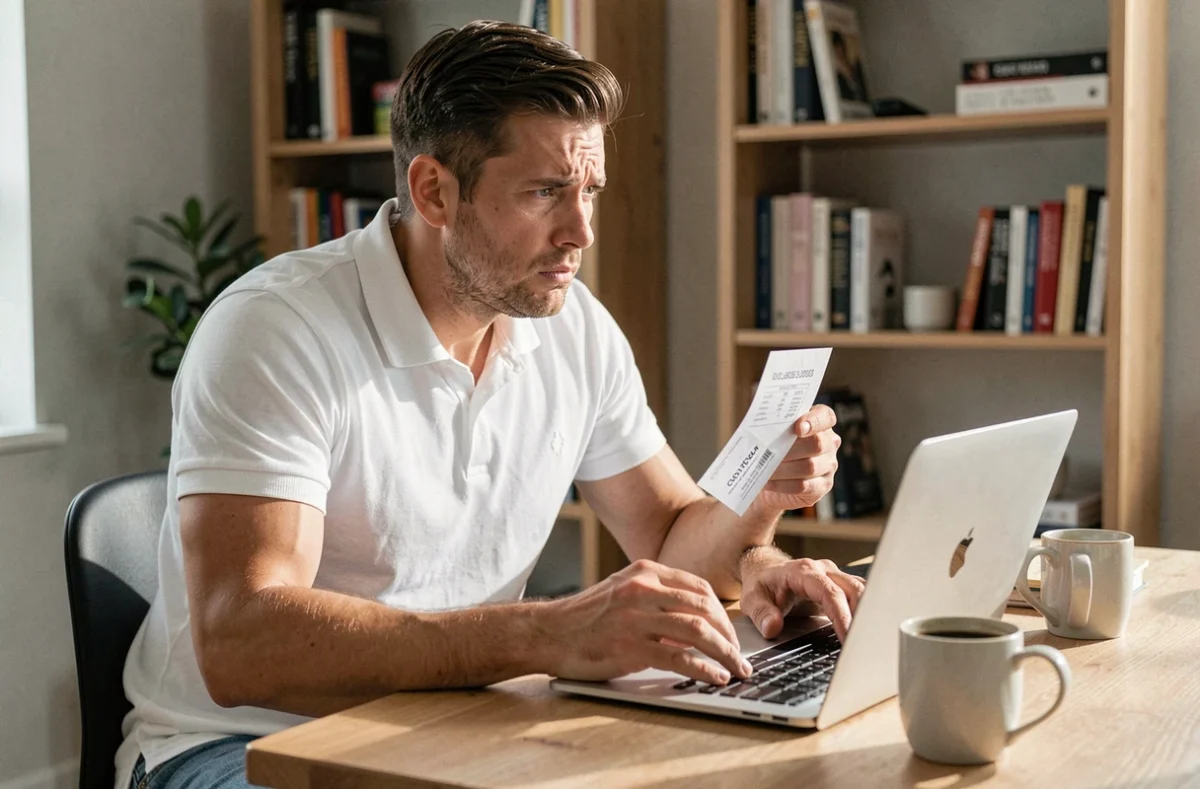Homme frustré devant un ordinateur portable essayant d'utiliser un code promo Tennis qui ne fonctionne plus