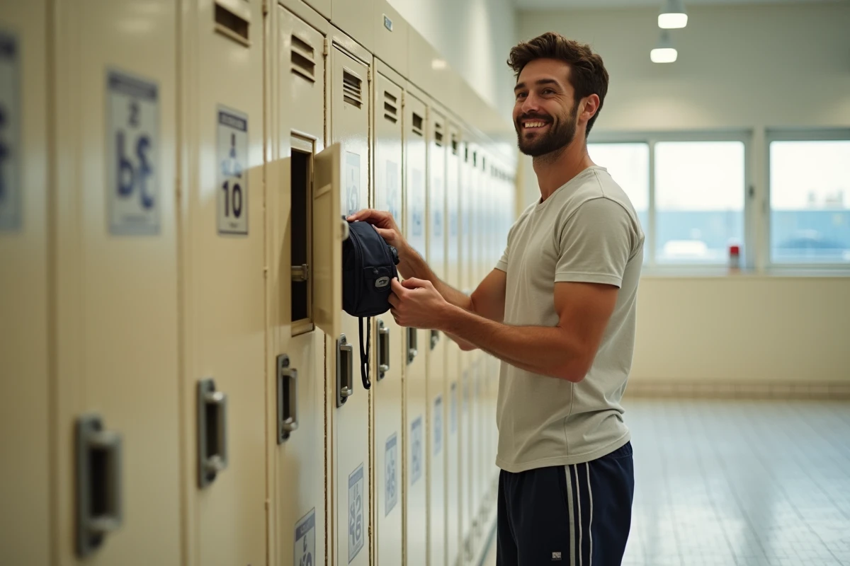 Homme dans le vestiaire de la piscine parisienne