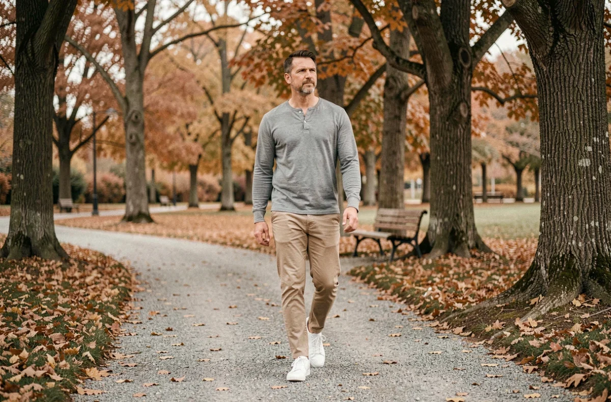 Homme d'âge mûr se promenant dans un parc en automne pour atteindre ses objectifs de pas quotidiens