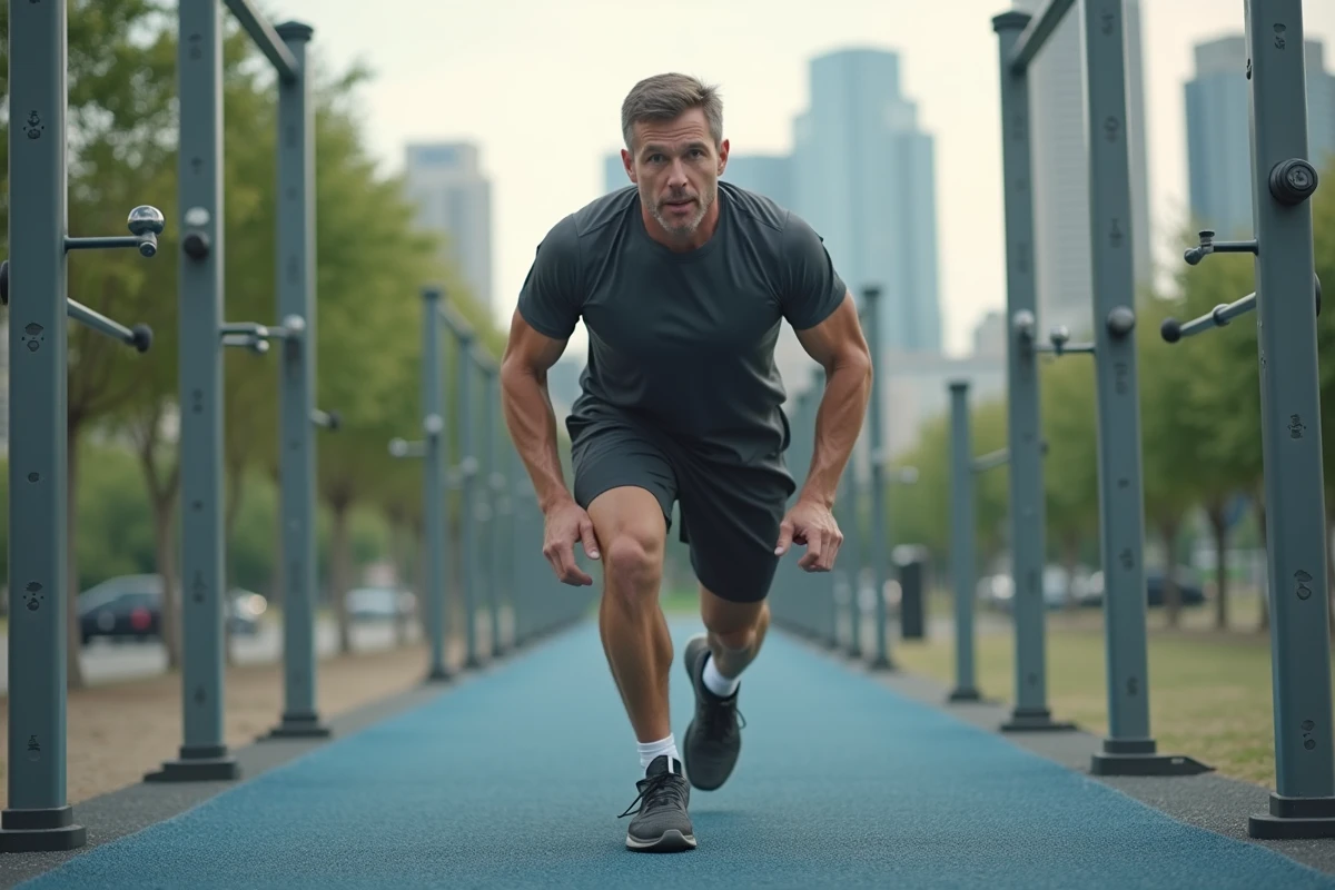 Homme faisant des mountain climbers dans un parc urbain