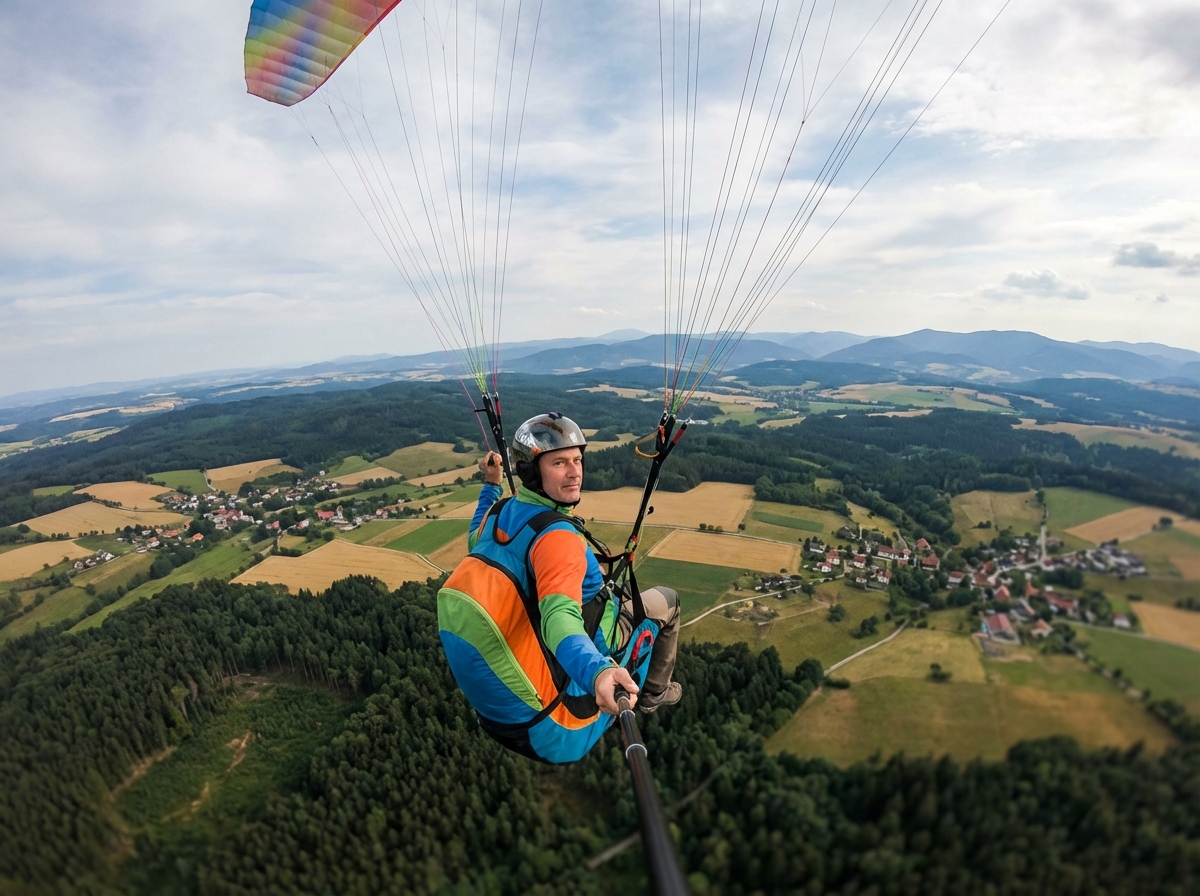 Homme en parapente survolant la campagne