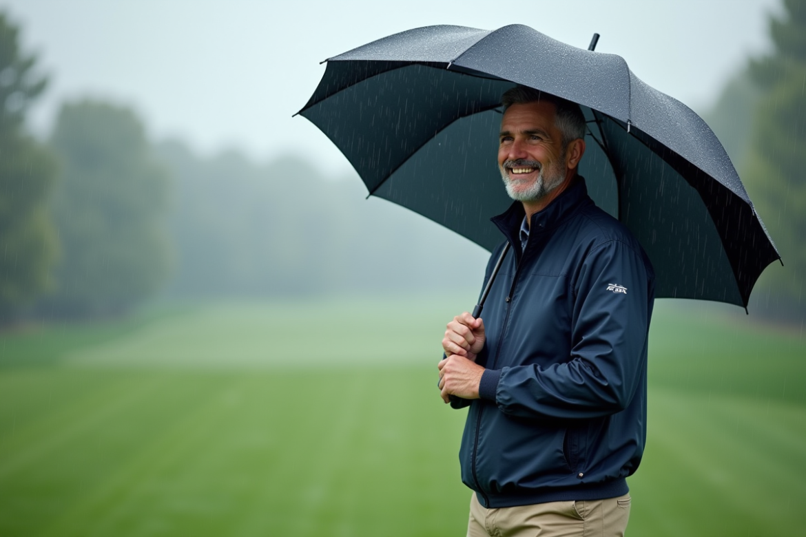 Homme d'âge moyen avec parapluie golf sur terrain vert