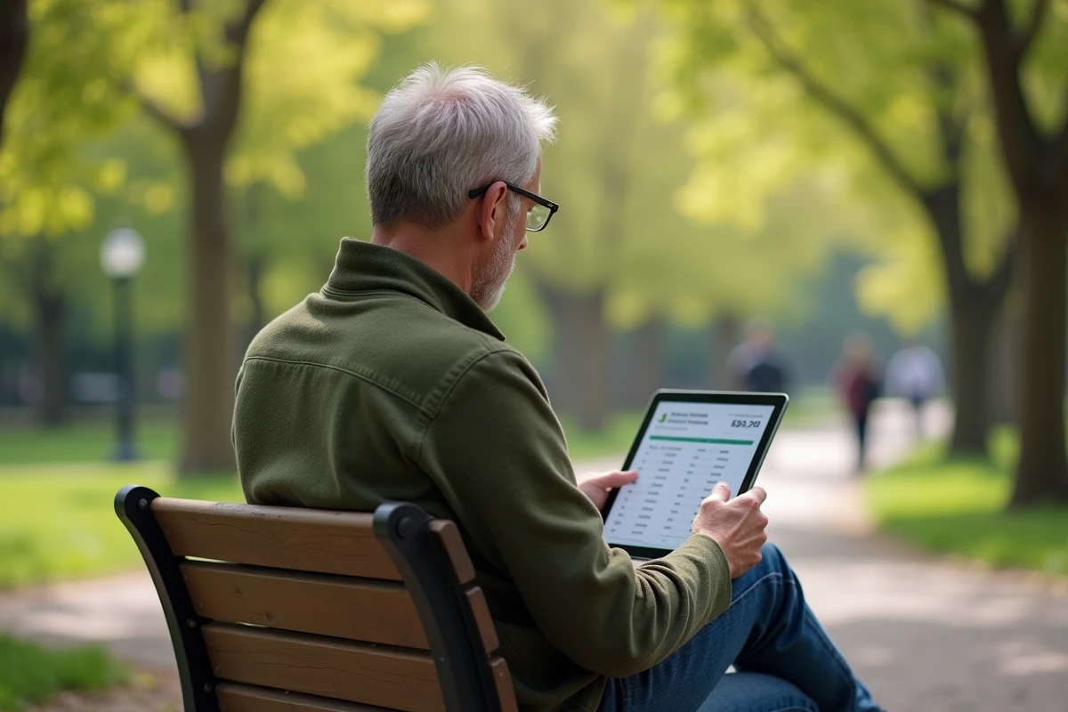 Homme en plein air regardant une tablette avec classement d