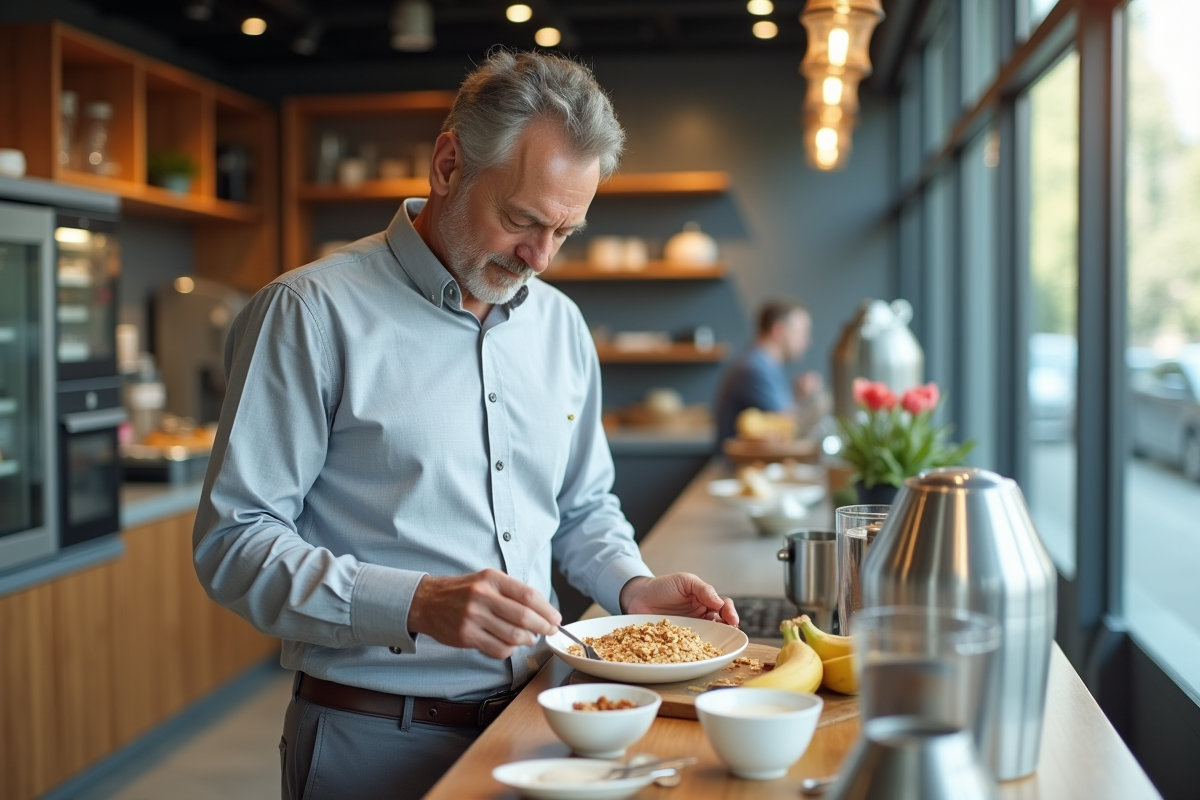 Homme préparant un petit déjeuner équilibré dans une cafetéria moderne