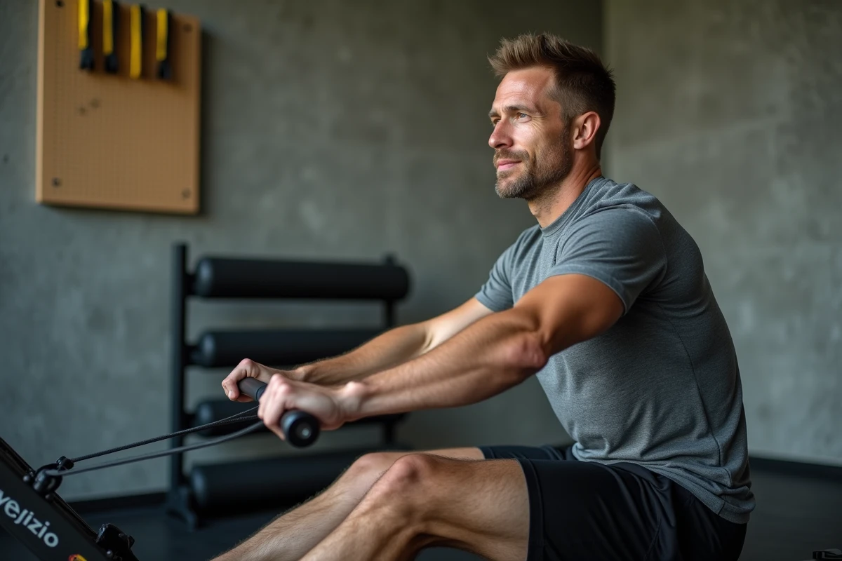 Homme utilisant un rameur ergomètre à domicile pour travailler les muscles du dos et des jambes