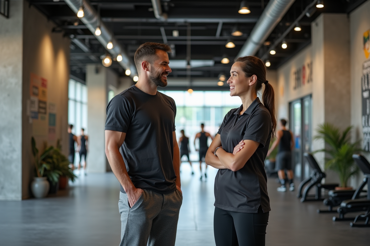 Homme discutant avec un staff dans une salle de sport