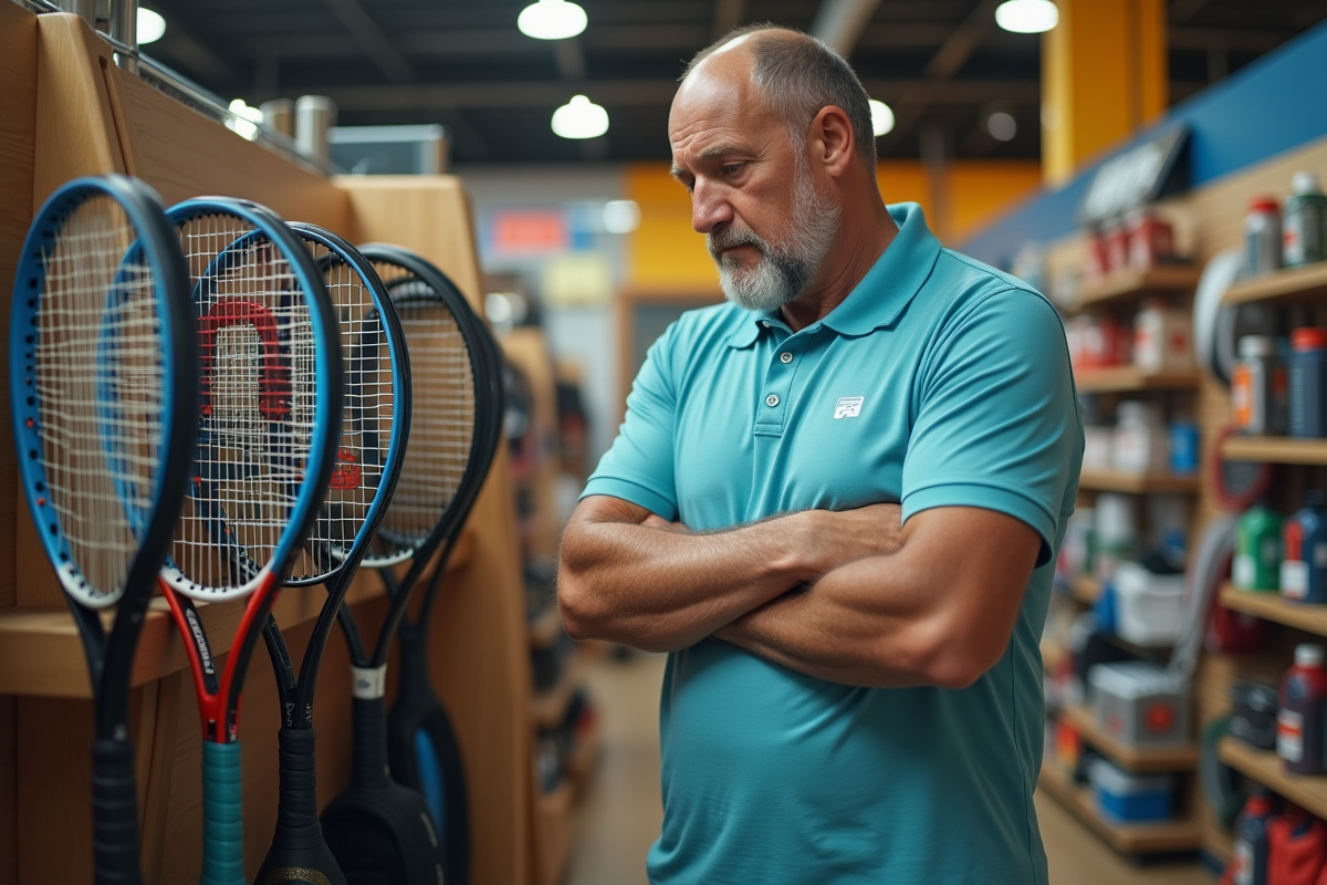 Homme dans un magasin de sport examine des raquettes de tennis