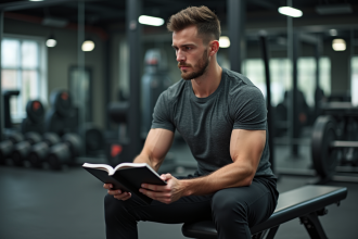 Jeune homme en salle de sport regardant son journal de workout