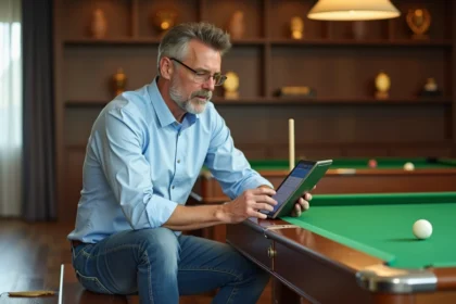 Homme d'âge moyen utilisant une tablette près d'une table de billard