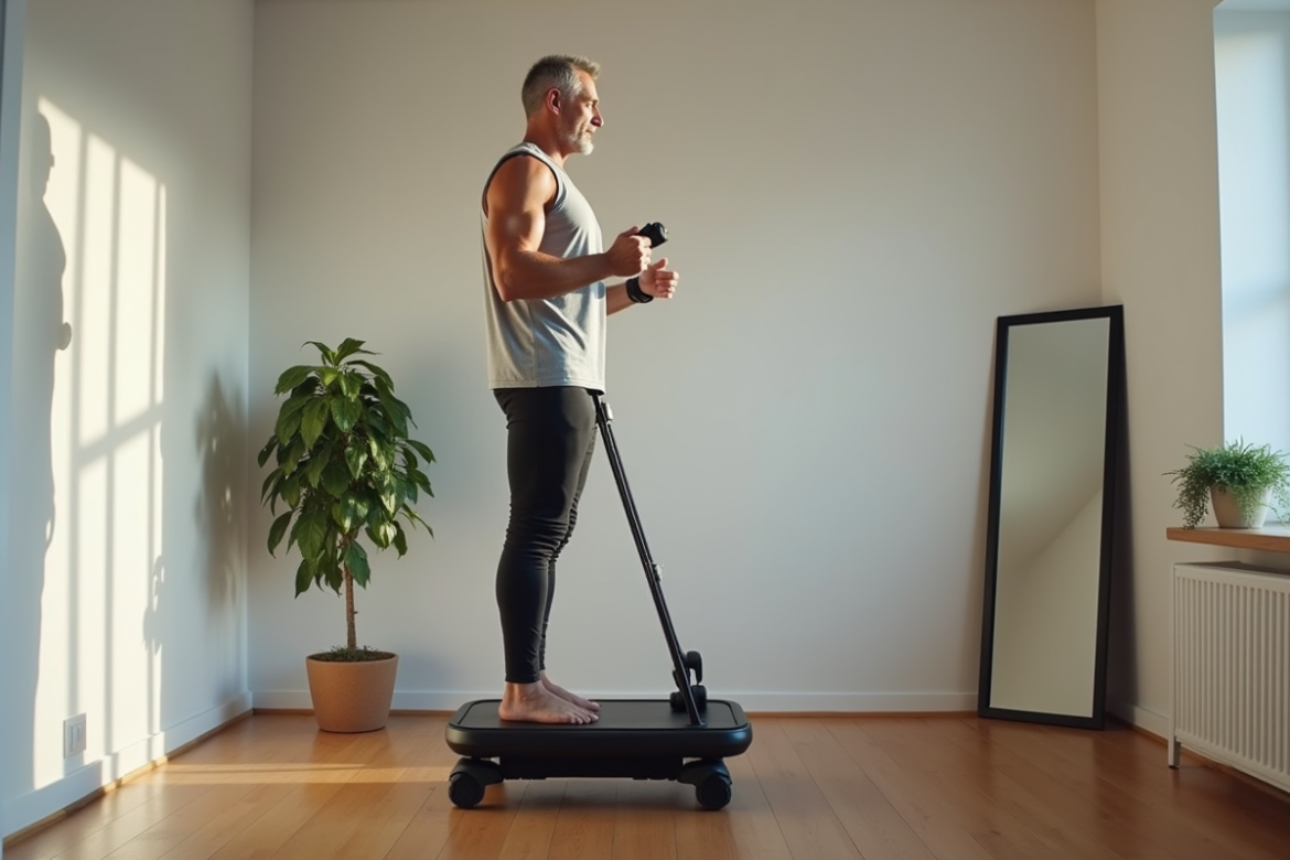 Homme d'âge moyen en posture sur plateforme de vibration