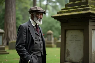 Homme âgé en costume vintage dans un cimetière ancien