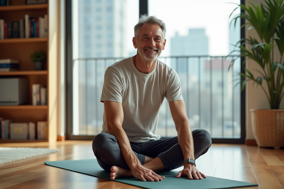 Homme en stretching assis sur un tapis dans un salon lumineux