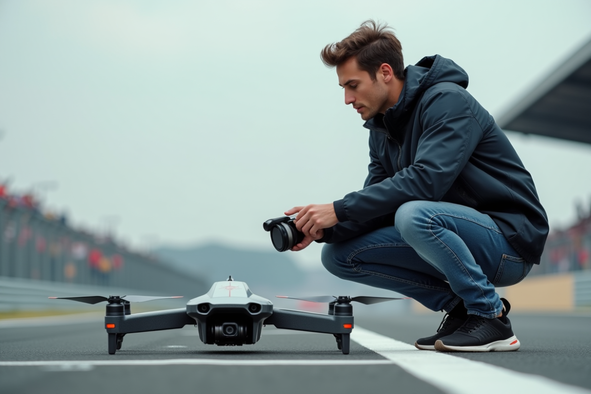 Jeune homme ingénieur drone sur piste de course