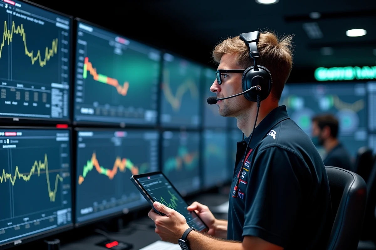 Ingénieur de course analysant les données de télémétrie d'une monoplace F1 sur écrans numériques