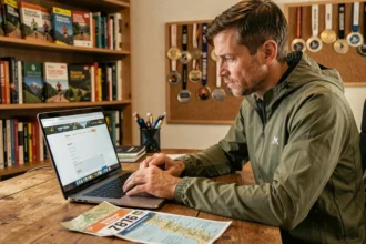 Coureur de trail inscrivant sa participation à la Diagonale des Fous 2026 sur un ordinateur portable, entouré de matériel de course et d'une carte de l'île de La Réunion