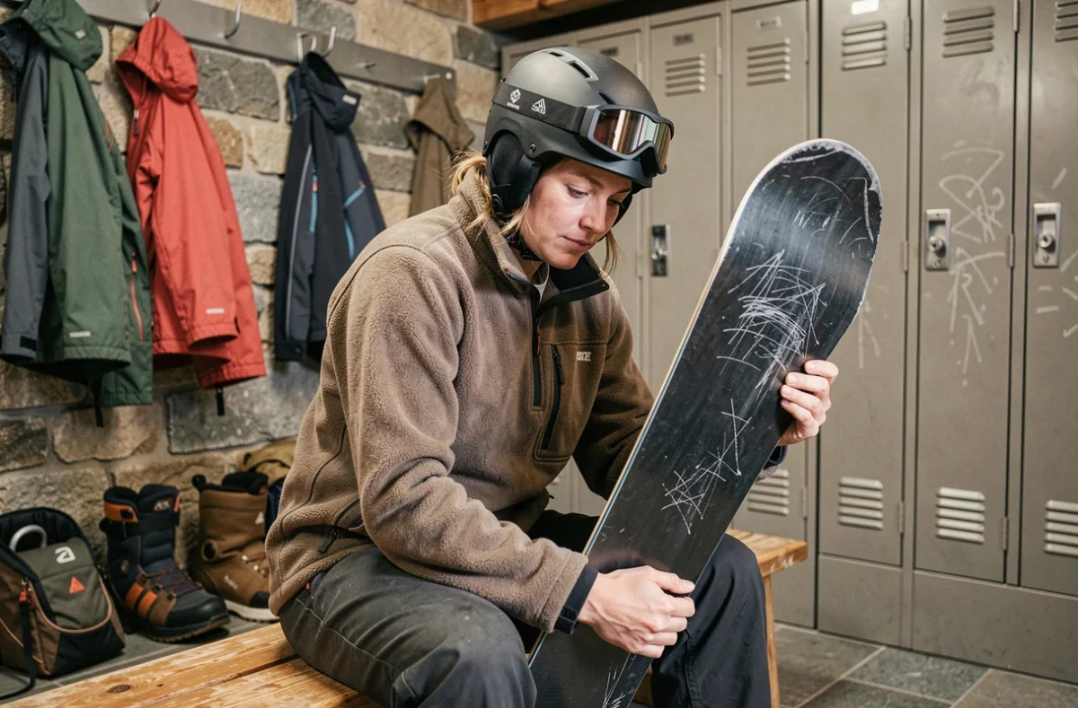 Snowboardeuse inspectant la semelle d'un snowboard haut de gamme dans un vestiaire de station de montagne