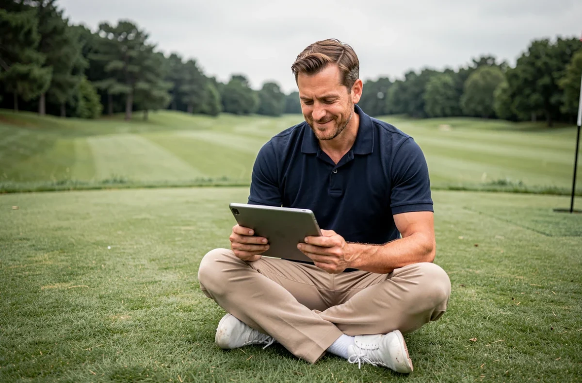 Instructeur de golf lisant un article de blog sur la vente de cours en ligne depuis un green