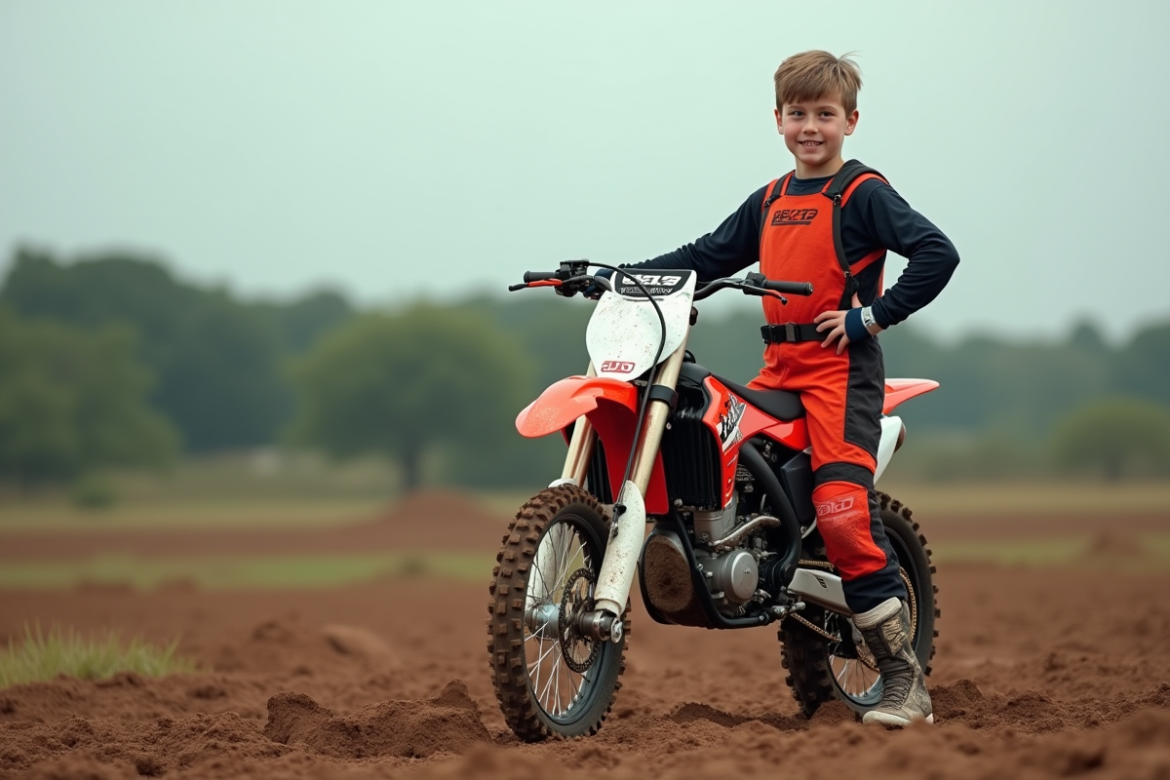 Jeune garçon en équipement motocross avec moto 150cc sur piste