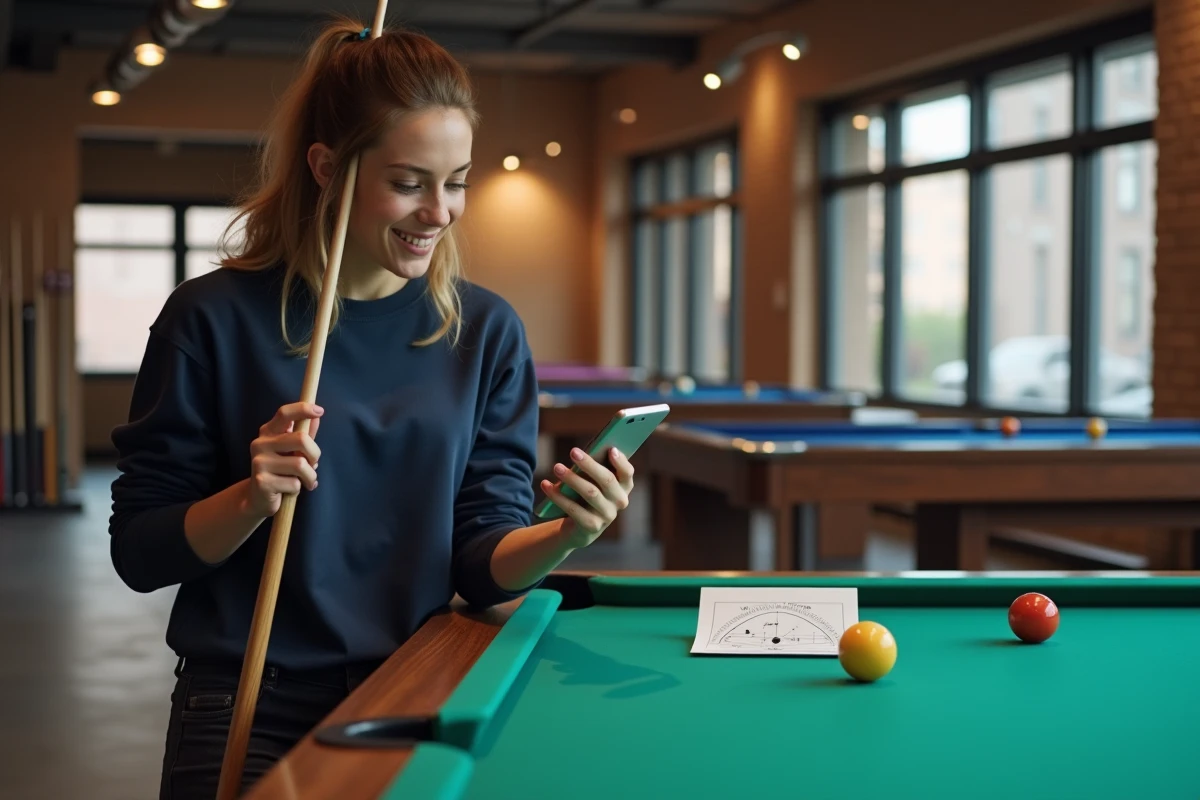 Jeune femme ajustant des angles de billard avec son smartphone