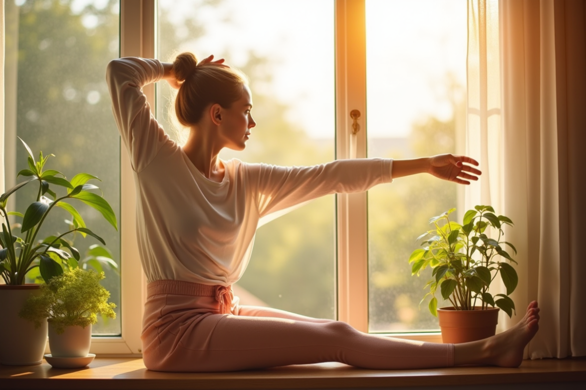 Jeune femme s'étirant au matin près d'une fenêtre lumineuse