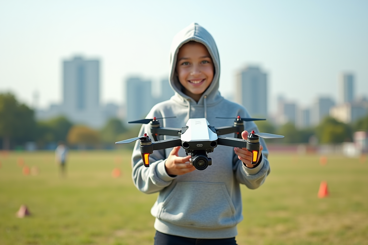 Adolescente fiere tenant un drone dans un champ